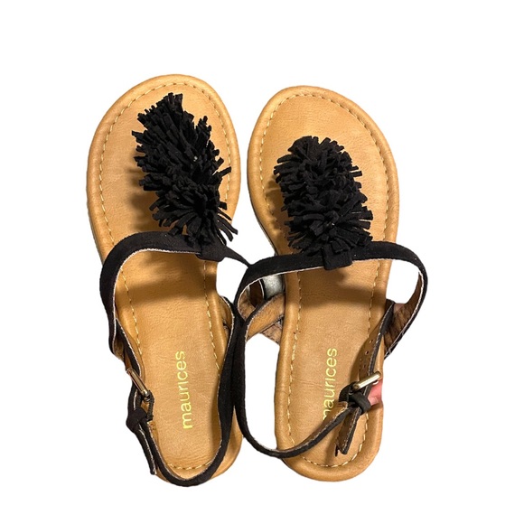 Maurices Shoes - Fringe Black Maurices, Sandals with Gold Colored Buckles - Women’s Size 8